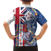 Hawaiian Manta Ray and Turtle Tribal Tattoo Family Matching Off The Shoulder Long Sleeve Dress and Hawaiian Shirt With Hawaii Flag and Flowers LT03 - Polynesian Pride