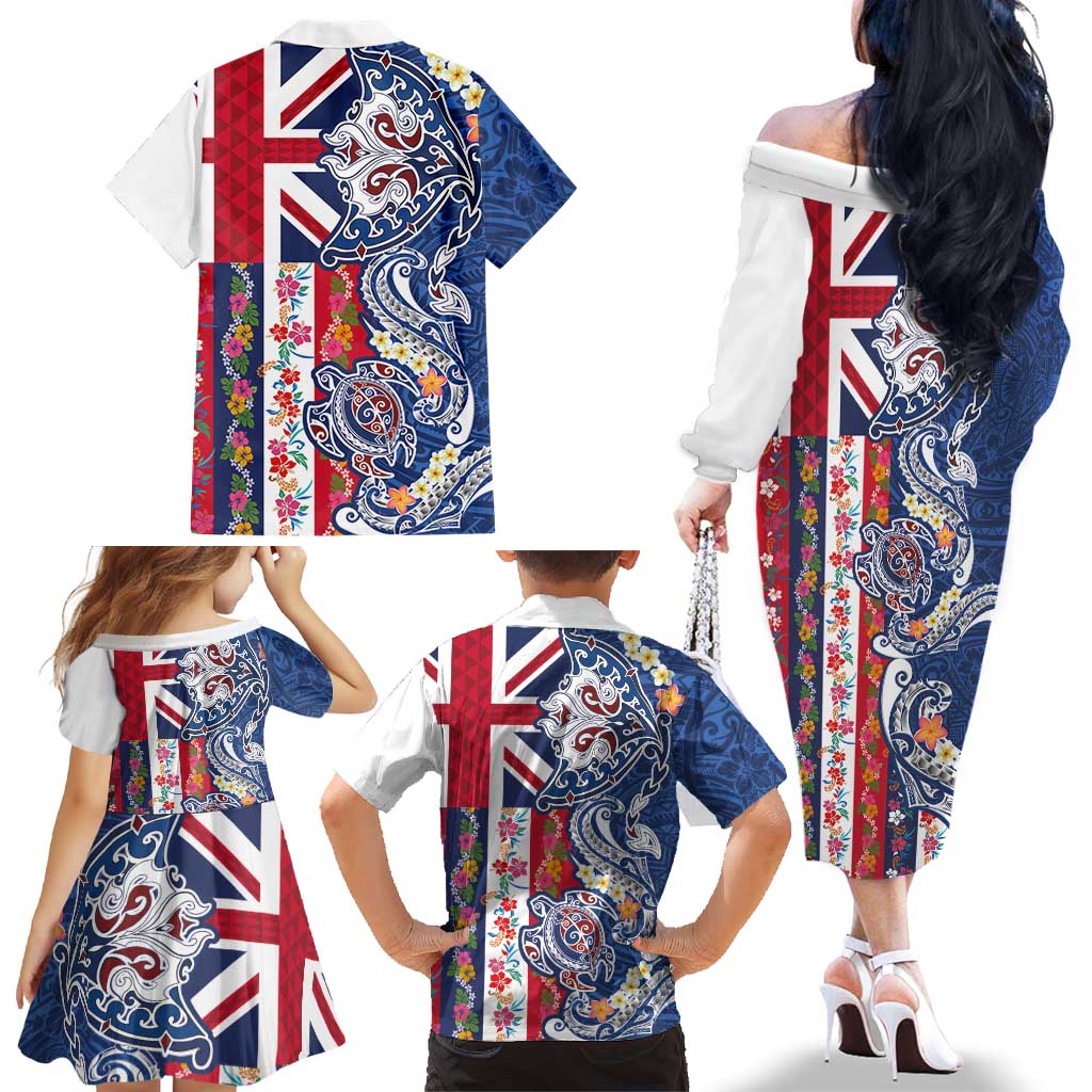 Hawaiian Manta Ray and Turtle Tribal Tattoo Family Matching Off The Shoulder Long Sleeve Dress and Hawaiian Shirt With Hawaii Flag and Flowers LT03 - Polynesian Pride