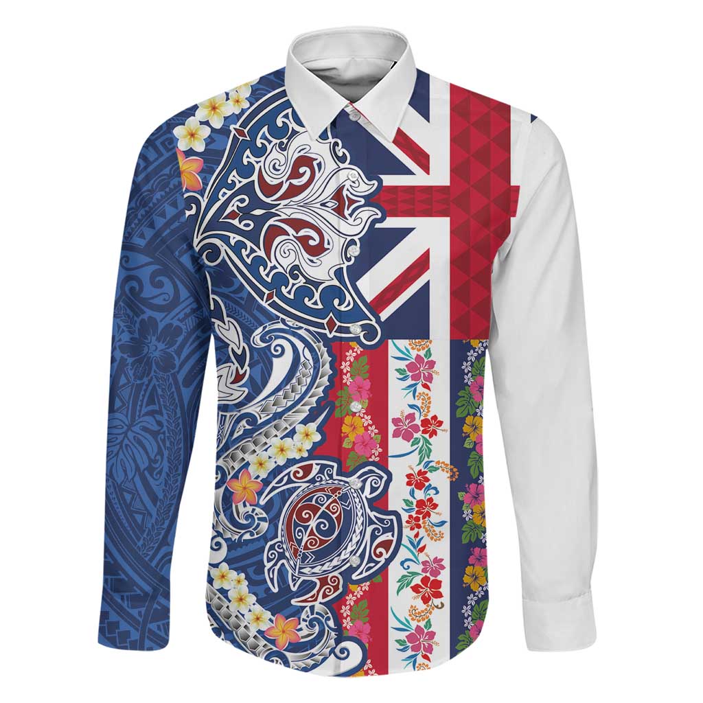 Hawaiian Manta Ray and Turtle Tribal Tattoo Family Matching Off The Shoulder Long Sleeve Dress and Hawaiian Shirt With Hawaii Flag and Flowers LT03 Dad's Shirt - Long Sleeve Multicolor - Polynesian Pride