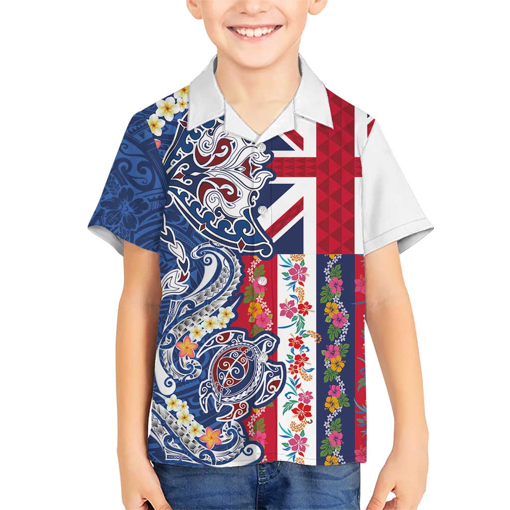 Hawaiian Manta Ray and Turtle Tribal Tattoo Family Matching Off The Shoulder Long Sleeve Dress and Hawaiian Shirt With Hawaii Flag and Flowers LT03 Son's Shirt Multicolor - Polynesian Pride