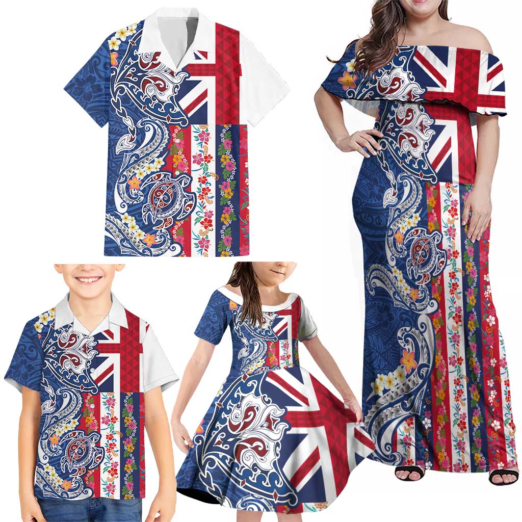 Hawaiian Manta Ray and Turtle Tribal Tattoo Family Matching Off Shoulder Maxi Dress and Hawaiian Shirt With Hawaii Flag and Flowers LT03 - Polynesian Pride