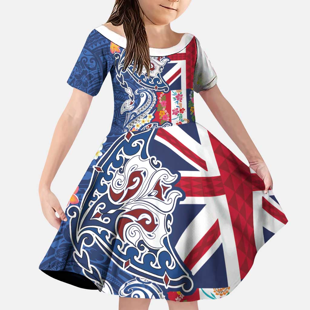 Hawaiian Manta Ray and Turtle Tribal Tattoo Family Matching Off Shoulder Short Dress and Hawaiian Shirt With Hawaii Flag and Flowers LT03 Daughter's Dress Multicolor - Polynesian Pride