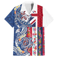 Hawaiian Manta Ray and Turtle Tribal Tattoo Family Matching Off Shoulder Short Dress and Hawaiian Shirt With Hawaii Flag and Flowers LT03 Dad's Shirt - Short Sleeve Multicolor - Polynesian Pride