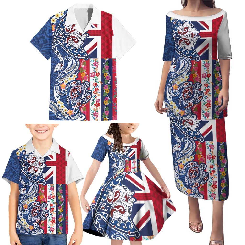 Hawaiian Manta Ray and Turtle Tribal Tattoo Family Matching Puletasi and Hawaiian Shirt With Hawaii Flag and Flowers