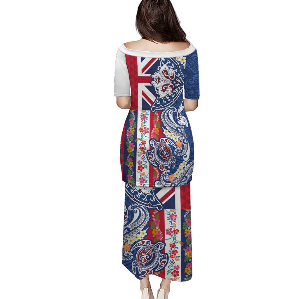 Hawaiian Manta Ray and Turtle Tribal Tattoo Family Matching Puletasi and Hawaiian Shirt With Hawaii Flag and Flowers LT03 - Polynesian Pride