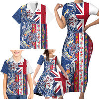 Hawaiian Manta Ray and Turtle Tribal Tattoo Family Matching Short Sleeve Bodycon Dress and Hawaiian Shirt With Hawaii Flag and Flowers LT03 - Polynesian Pride