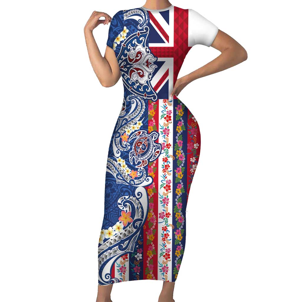 Hawaiian Manta Ray and Turtle Tribal Tattoo Family Matching Short Sleeve Bodycon Dress and Hawaiian Shirt With Hawaii Flag and Flowers LT03 Mom's Dress Multicolor - Polynesian Pride