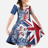 Hawaiian Manta Ray and Turtle Tribal Tattoo Family Matching Summer Maxi Dress and Hawaiian Shirt With Hawaii Flag and Flowers LT03 Daughter's Dress Multicolor - Polynesian Pride
