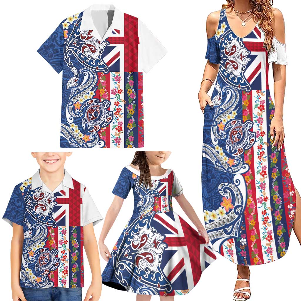 Hawaiian Manta Ray and Turtle Tribal Tattoo Family Matching Summer Maxi Dress and Hawaiian Shirt With Hawaii Flag and Flowers