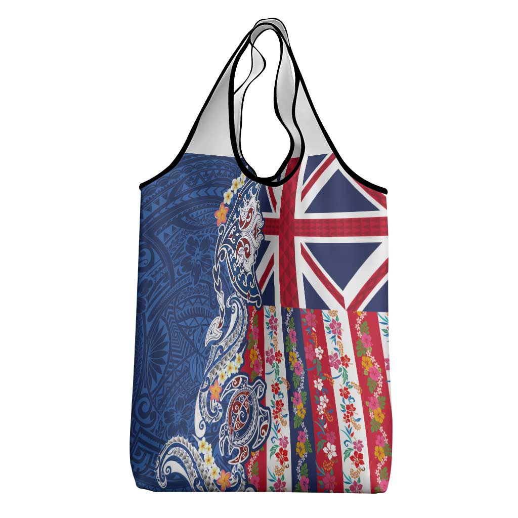 Hawaiian Manta Ray and Turtle Tribal Tattoo Grocery Bag With Hawaii Flag and Flowers LT03 - Polynesian Pride