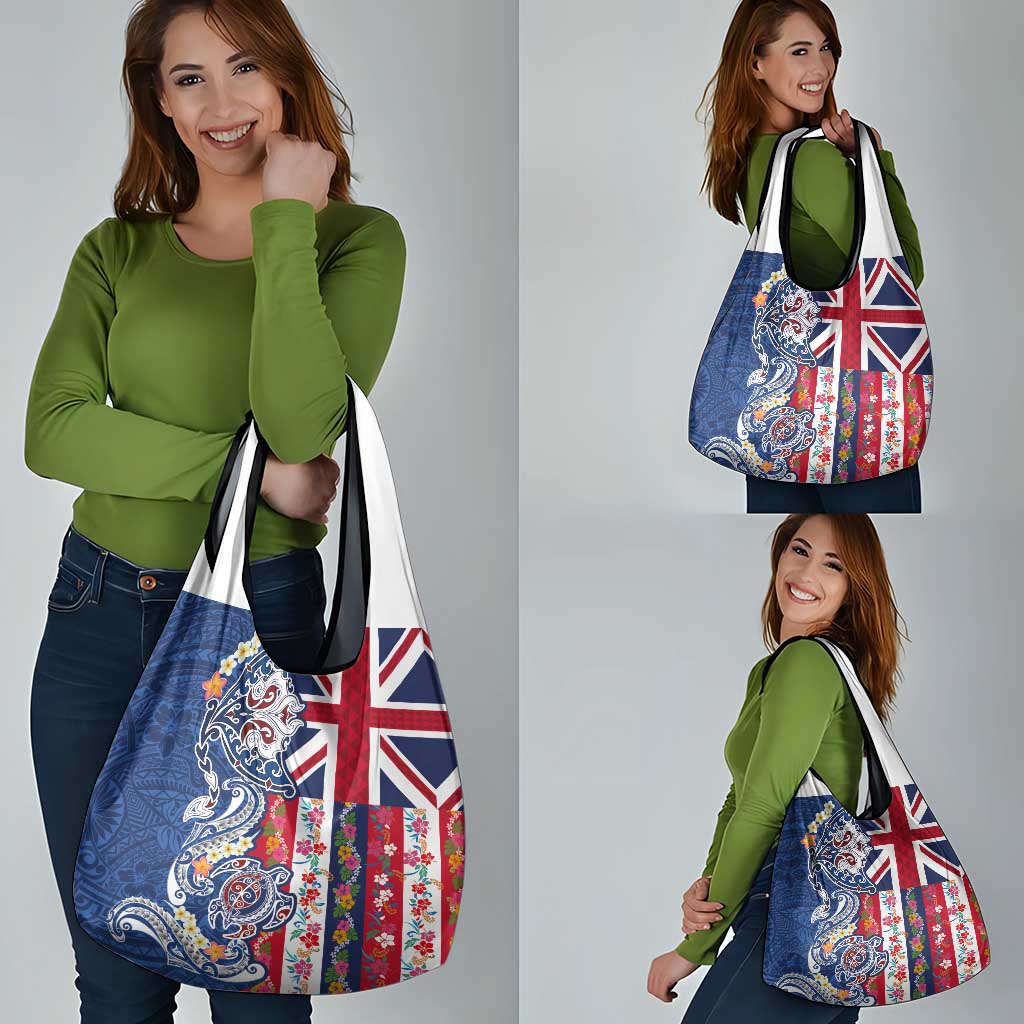 Hawaiian Manta Ray and Turtle Tribal Tattoo Grocery Bag With Hawaii Flag and Flowers LT03 - Polynesian Pride
