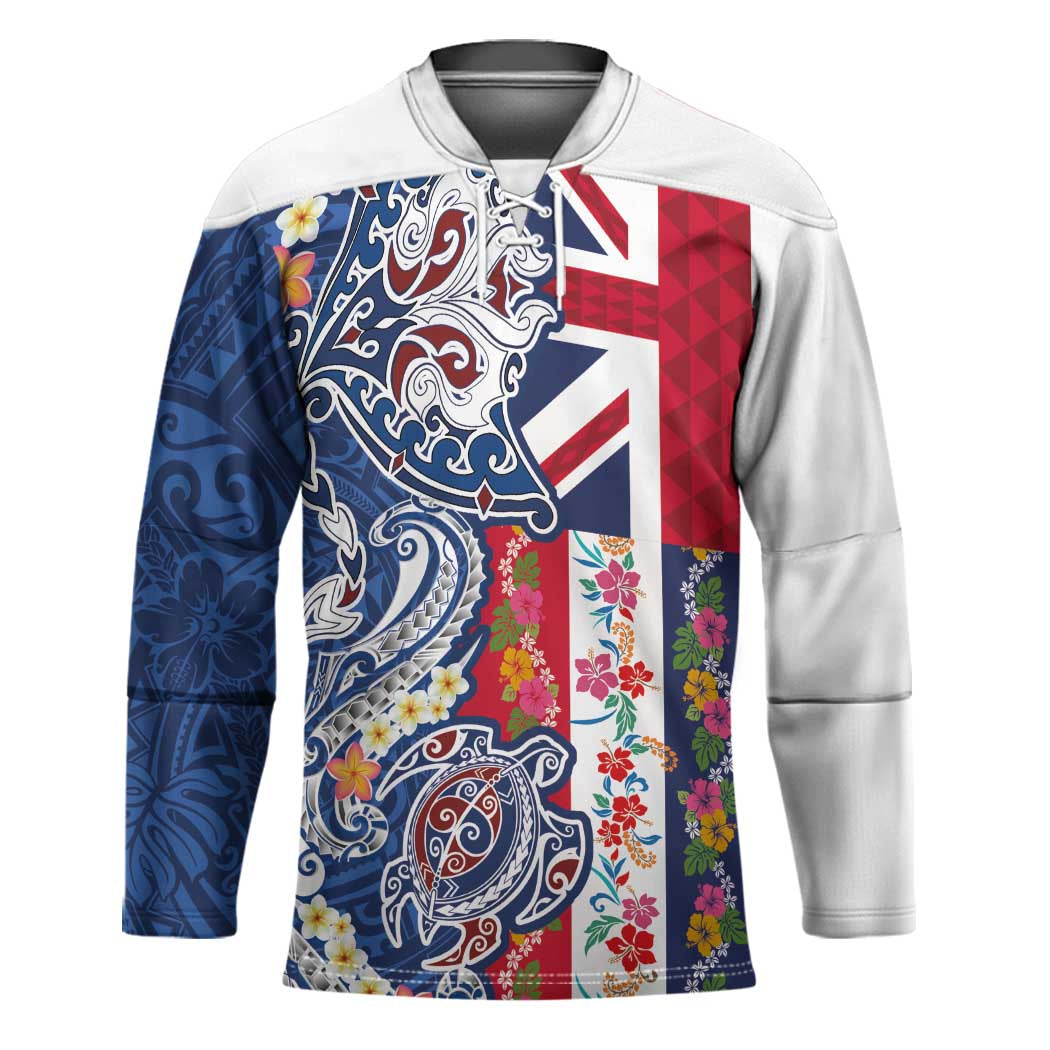 Hawaiian Manta Ray and Turtle Tribal Tattoo Hockey Jersey With Hawaii Flag and Flowers LT03 Unisex Multicolor - Polynesian Pride