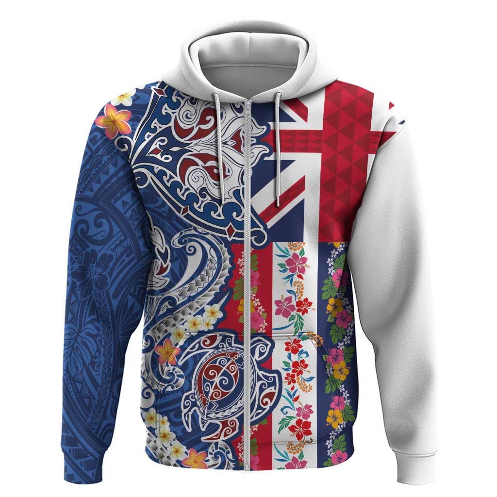 Hawaiian Manta Ray and Turtle Tribal Tattoo Hoodie With Hawaii Flag and Flowers LT03 Zip Hoodie Multicolor - Polynesian Pride