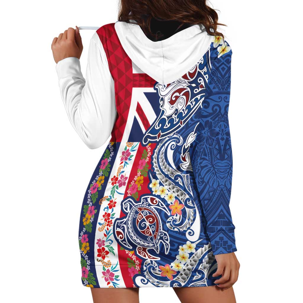 Hawaiian Manta Ray and Turtle Tribal Tattoo Hoodie Dress With Hawaii Flag and Flowers LT03 - Polynesian Pride