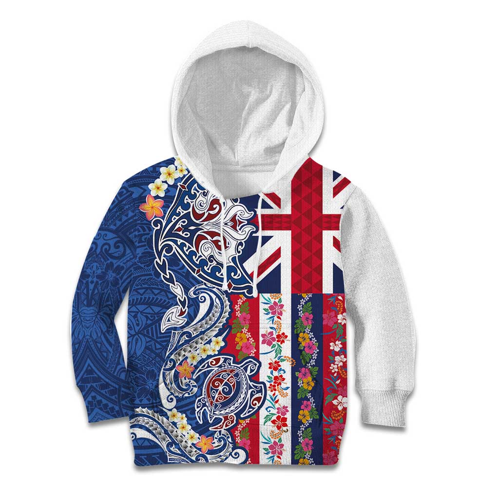 Hawaiian Manta Ray and Turtle Tribal Tattoo Kid Hoodie With Hawaii Flag and Flowers LT03 Hoodie Multicolor - Polynesian Pride