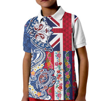 Hawaiian Manta Ray and Turtle Tribal Tattoo Kid Polo Shirt With Hawaii Flag and Flowers LT03 Kid Multicolor - Polynesian Pride