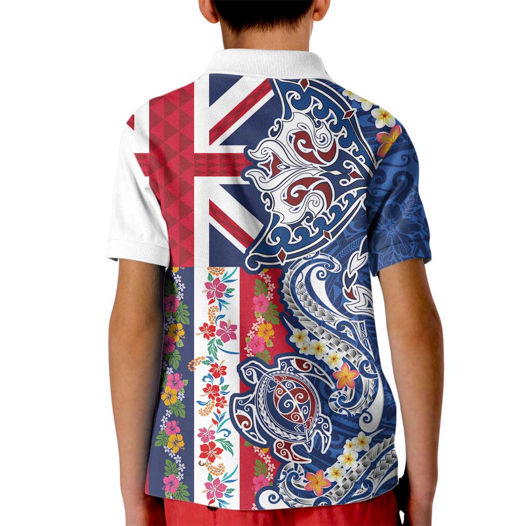 Hawaiian Manta Ray and Turtle Tribal Tattoo Kid Polo Shirt With Hawaii Flag and Flowers LT03 - Polynesian Pride