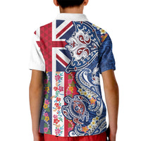 Hawaiian Manta Ray and Turtle Tribal Tattoo Kid Polo Shirt With Hawaii Flag and Flowers LT03 - Polynesian Pride
