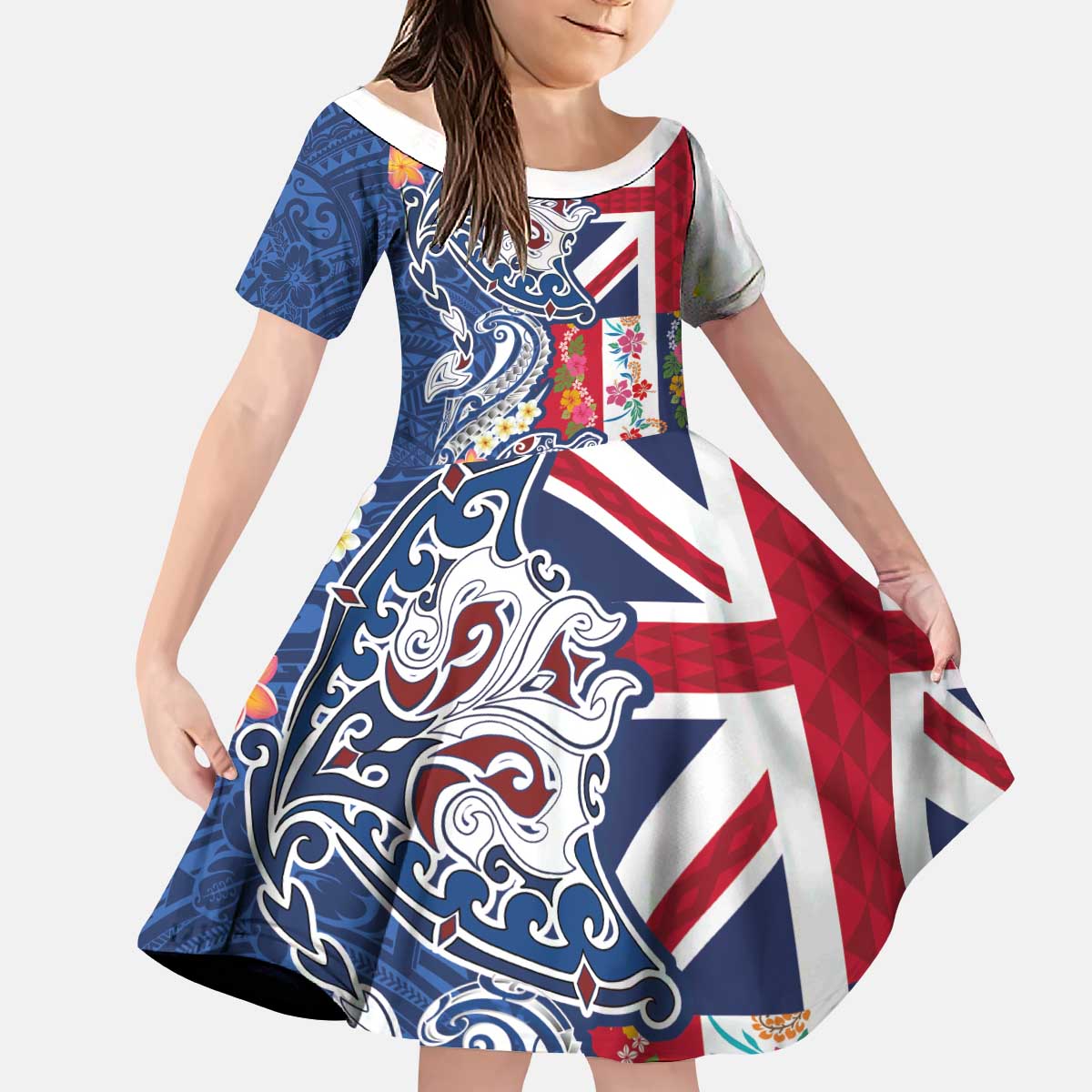 Hawaiian Manta Ray and Turtle Tribal Tattoo Kid Short Sleeve Dress With Hawaii Flag and Flowers LT03 KID Multicolor - Polynesian Pride