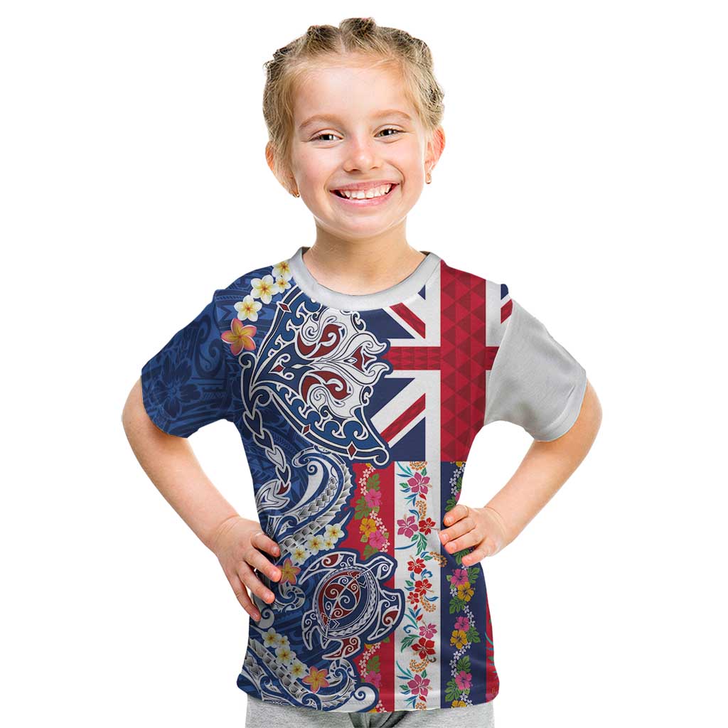 Hawaiian Manta Ray and Turtle Tribal Tattoo Kid T Shirt With Hawaii Flag and Flowers LT03 Multicolor - Polynesian Pride