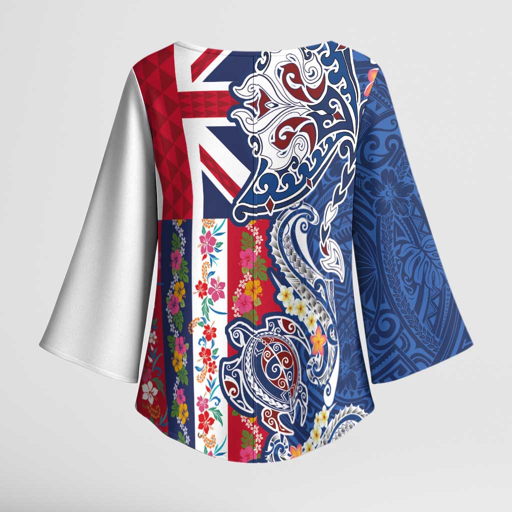 Hawaiian Manta Ray and Turtle Tribal Tattoo Kimono Sleeve Blouse With Hawaii Flag and Flowers LT03 - Polynesian Pride