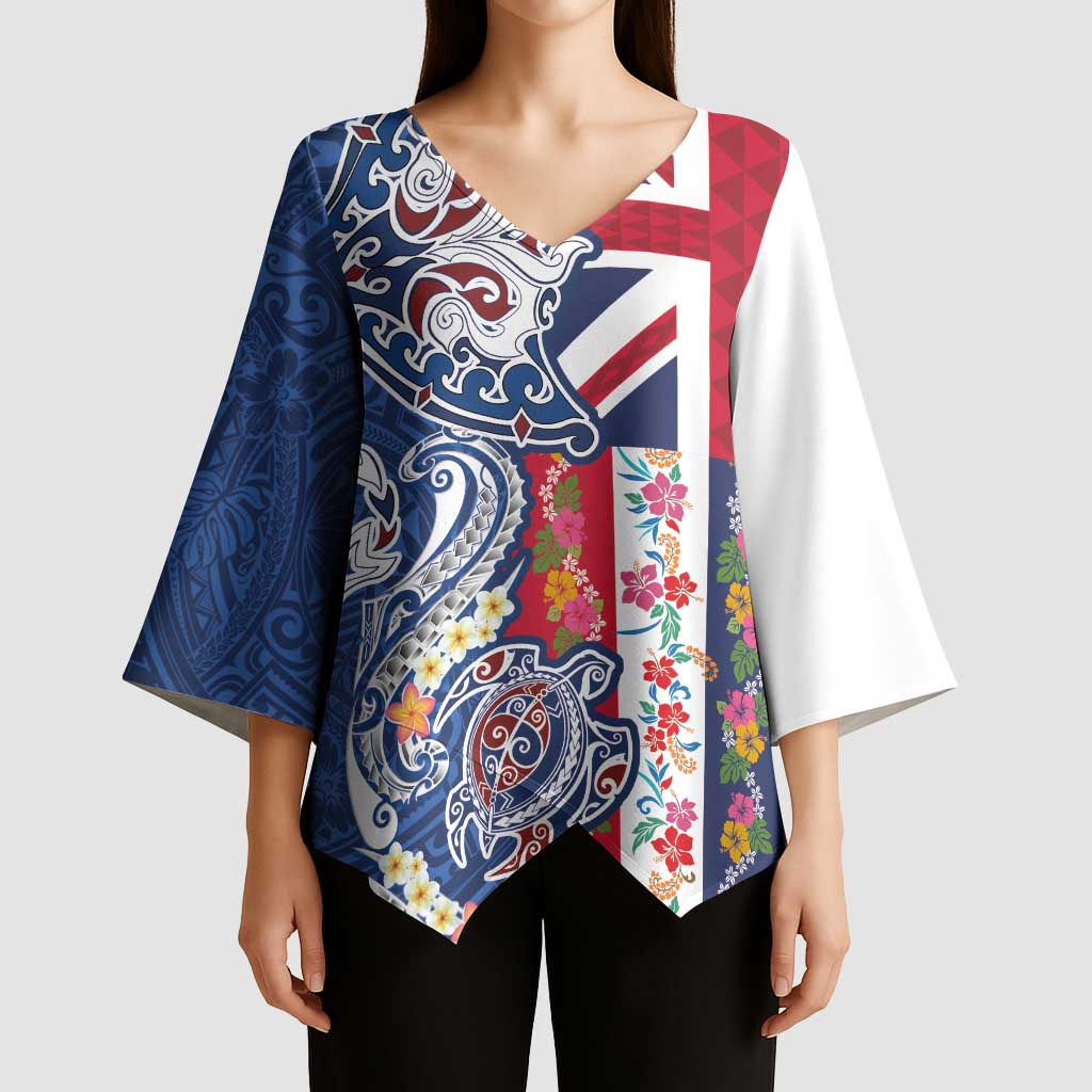 Hawaiian Manta Ray and Turtle Tribal Tattoo Kimono Sleeve Blouse With Hawaii Flag and Flowers LT03 - Polynesian Pride