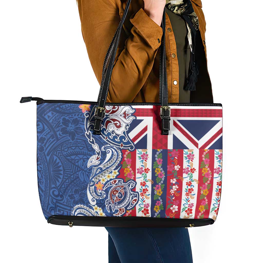 Hawaiian Manta Ray and Turtle Tribal Tattoo Leather Tote Bag With Hawaii Flag and Flowers LT03 - Polynesian Pride