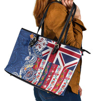 Hawaiian Manta Ray and Turtle Tribal Tattoo Leather Tote Bag With Hawaii Flag and Flowers LT03 - Polynesian Pride