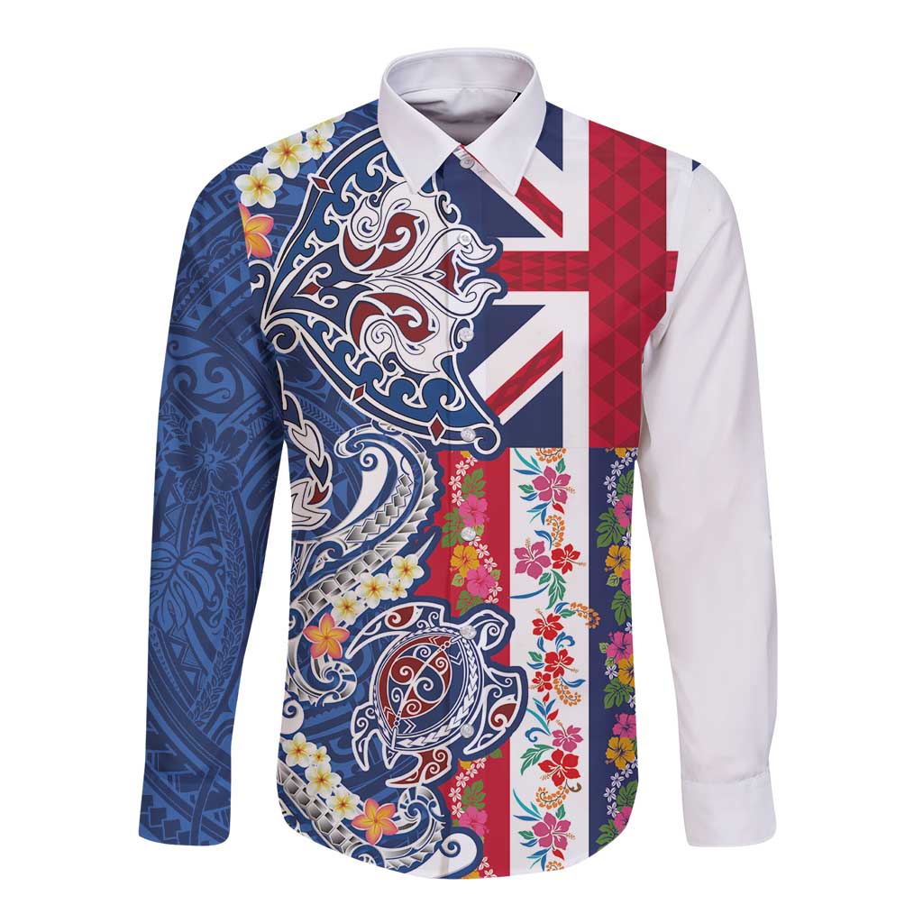 Hawaiian Manta Ray and Turtle Tribal Tattoo Long Sleeve Button Shirt With Hawaii Flag and Flowers LT03 Unisex Multicolor - Polynesian Pride