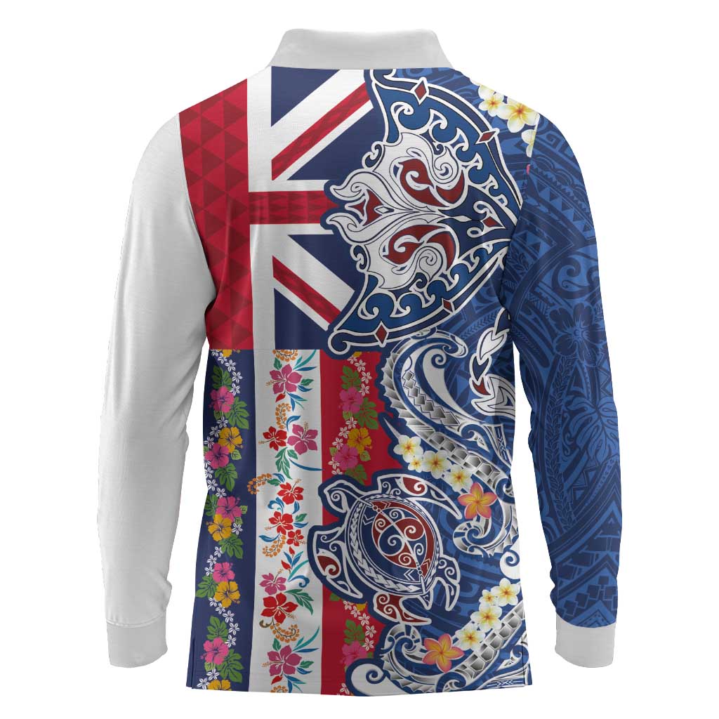 Hawaiian Manta Ray and Turtle Tribal Tattoo Long Sleeve Polo Shirt With Hawaii Flag and Flowers LT03 - Polynesian Pride