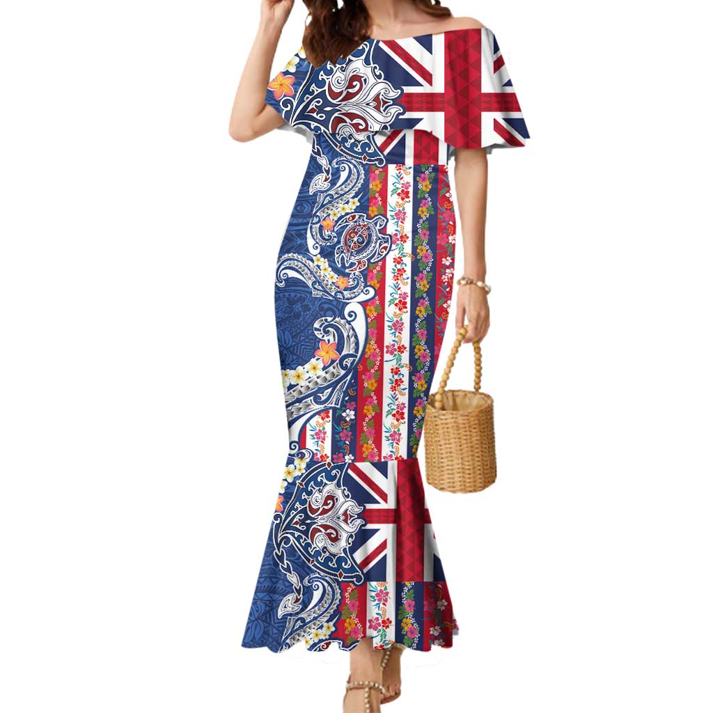 Hawaiian Manta Ray and Turtle Tribal Tattoo Mermaid Dress With Hawaii Flag and Flowers LT03 Women Multicolor - Polynesian Pride