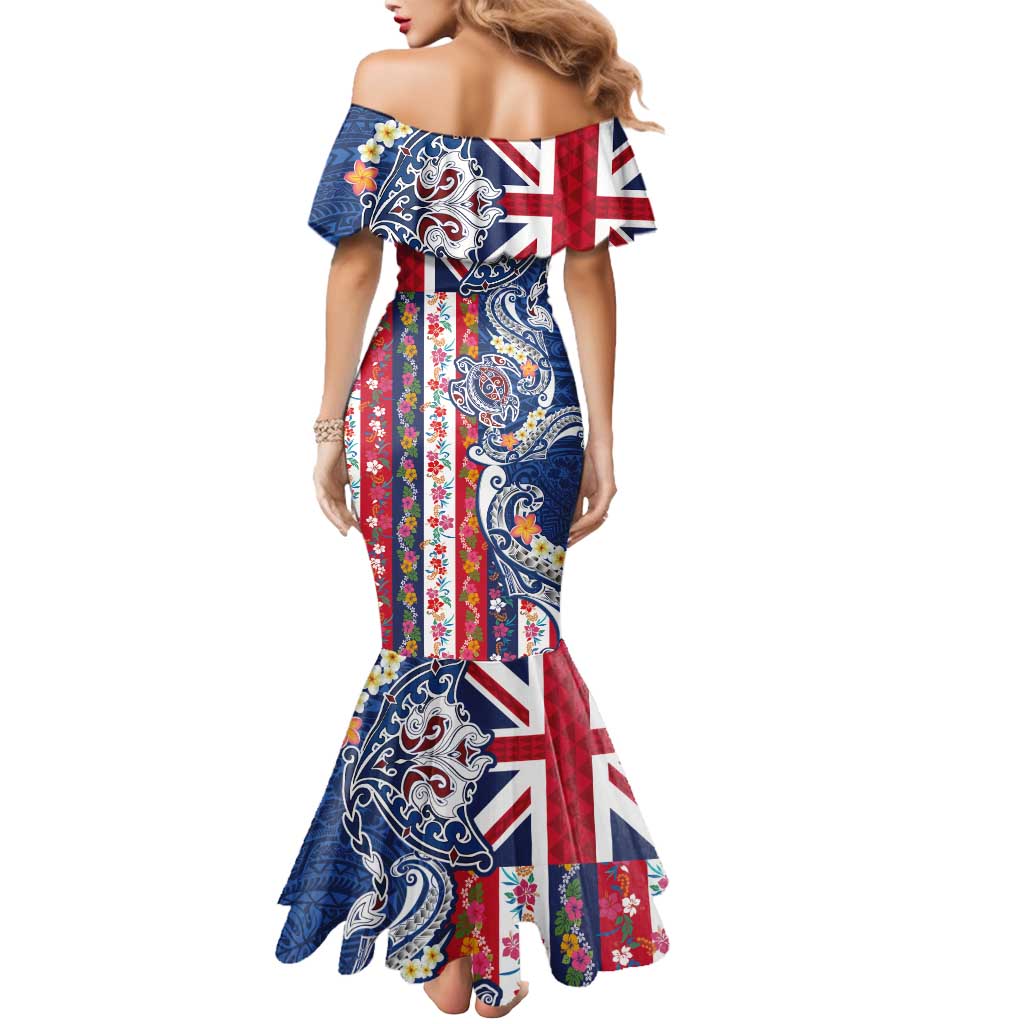 Hawaiian Manta Ray and Turtle Tribal Tattoo Mermaid Dress With Hawaii Flag and Flowers LT03 - Polynesian Pride