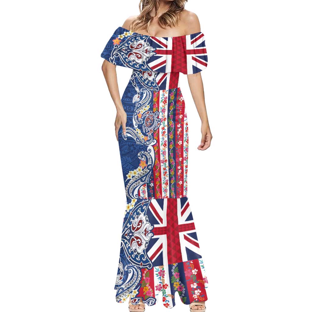 Hawaiian Manta Ray and Turtle Tribal Tattoo Mermaid Dress With Hawaii Flag and Flowers LT03 - Polynesian Pride