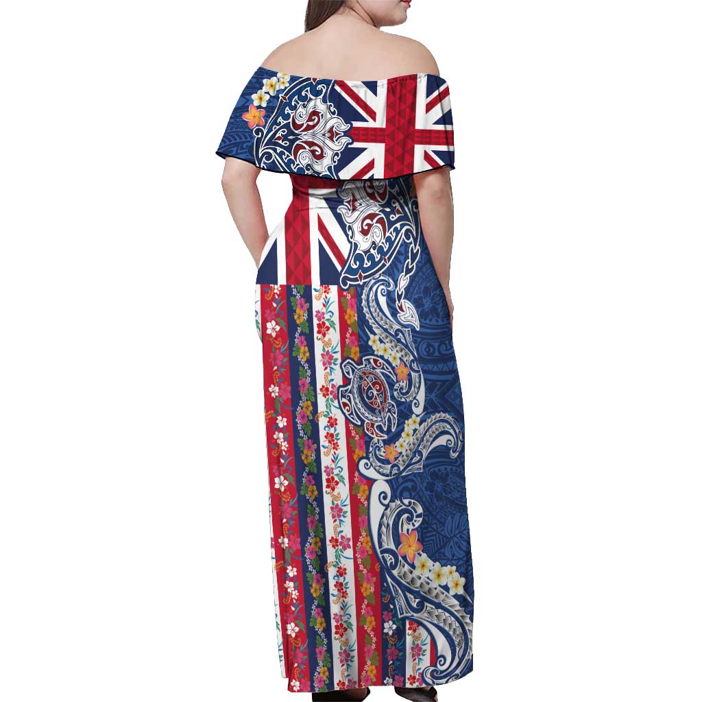 Hawaiian Manta Ray and Turtle Tribal Tattoo Off Shoulder Maxi Dress With Hawaii Flag and Flowers LT03 - Polynesian Pride