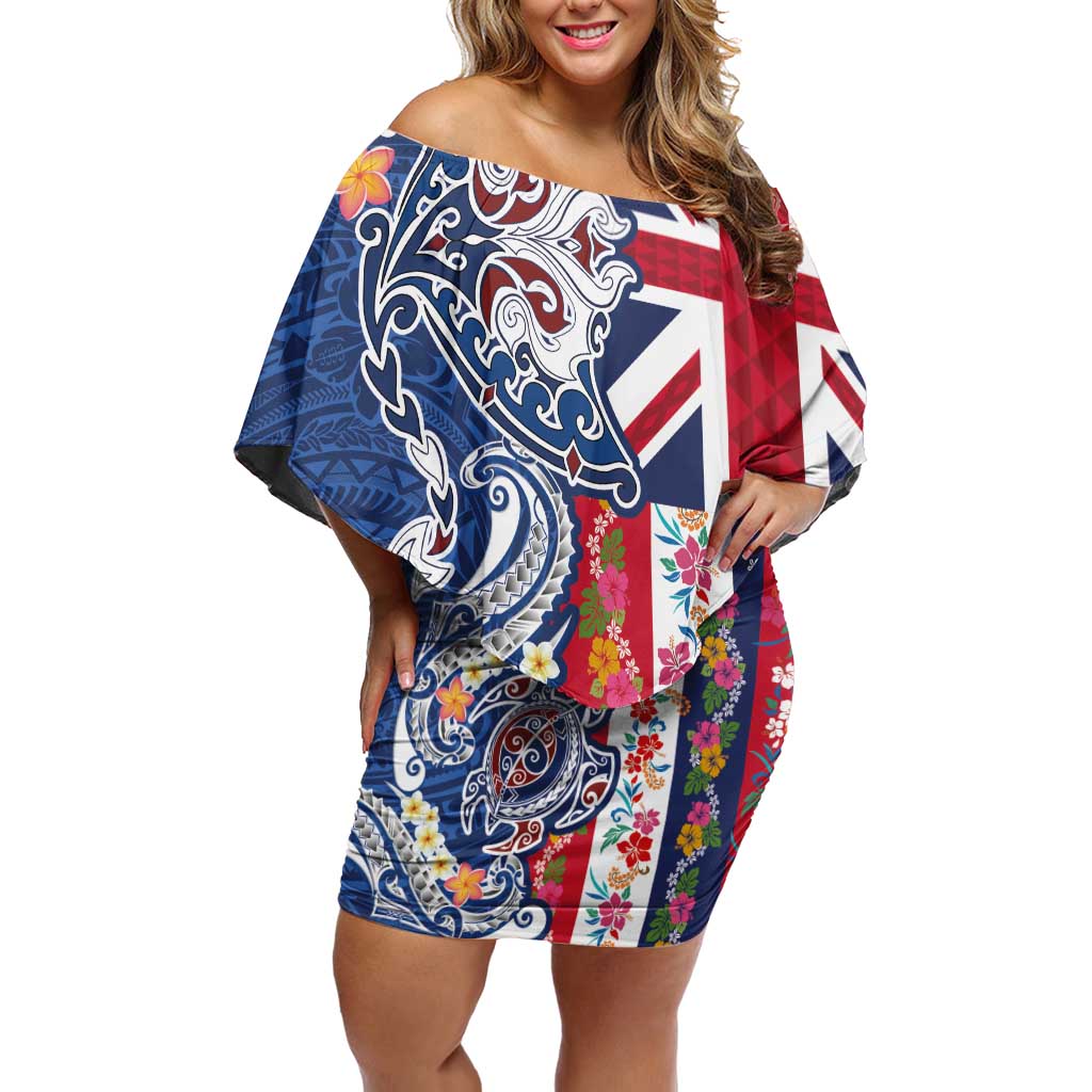 Hawaiian Manta Ray and Turtle Tribal Tattoo Off Shoulder Short Dress With Hawaii Flag and Flowers LT03 Women Multicolor - Polynesian Pride