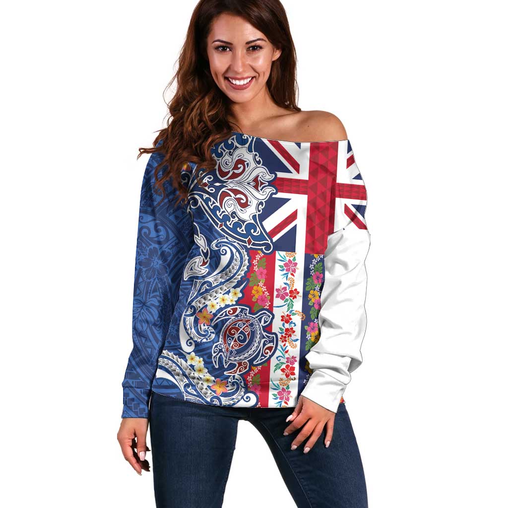 Hawaiian Manta Ray and Turtle Tribal Tattoo Off Shoulder Sweater With Hawaii Flag and Flowers