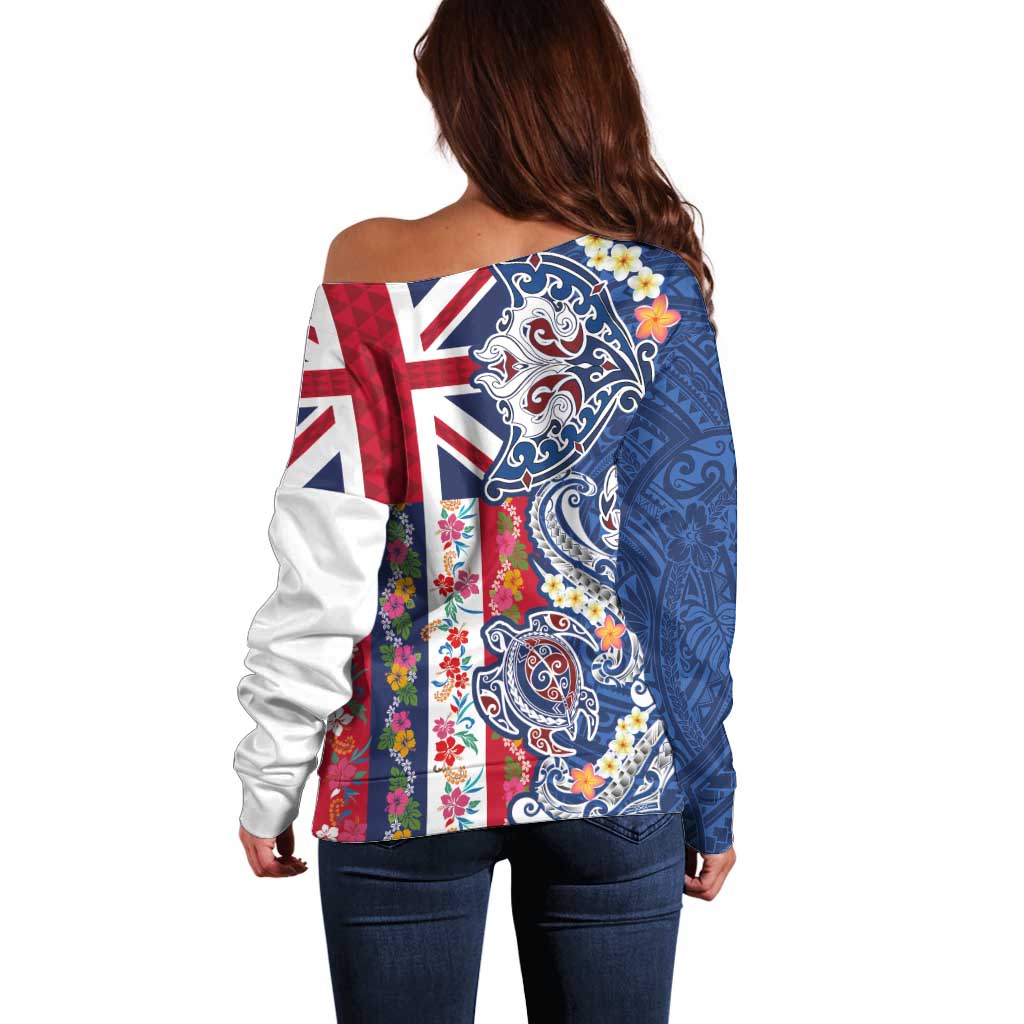 Hawaiian Manta Ray and Turtle Tribal Tattoo Off Shoulder Sweater With Hawaii Flag and Flowers
