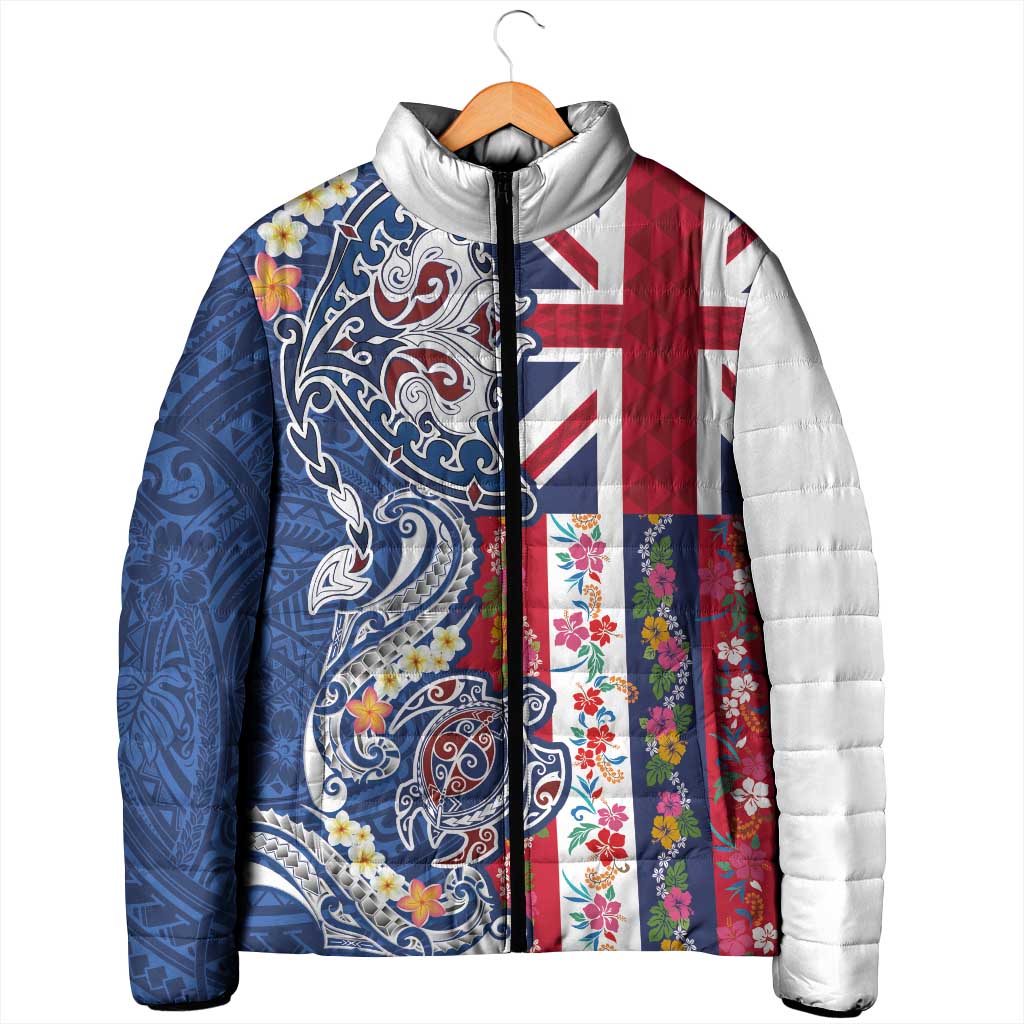 Hawaiian Manta Ray and Turtle Tribal Tattoo Padded Jacket With Hawaii Flag and Flowers
