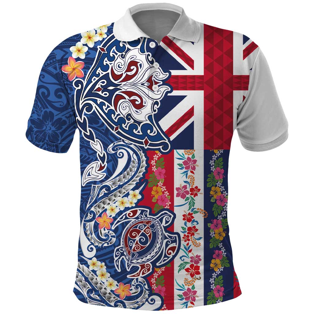 Hawaiian Manta Ray and Turtle Tribal Tattoo Polo Shirt With Hawaii Flag and Flowers LT03 Multicolor - Polynesian Pride