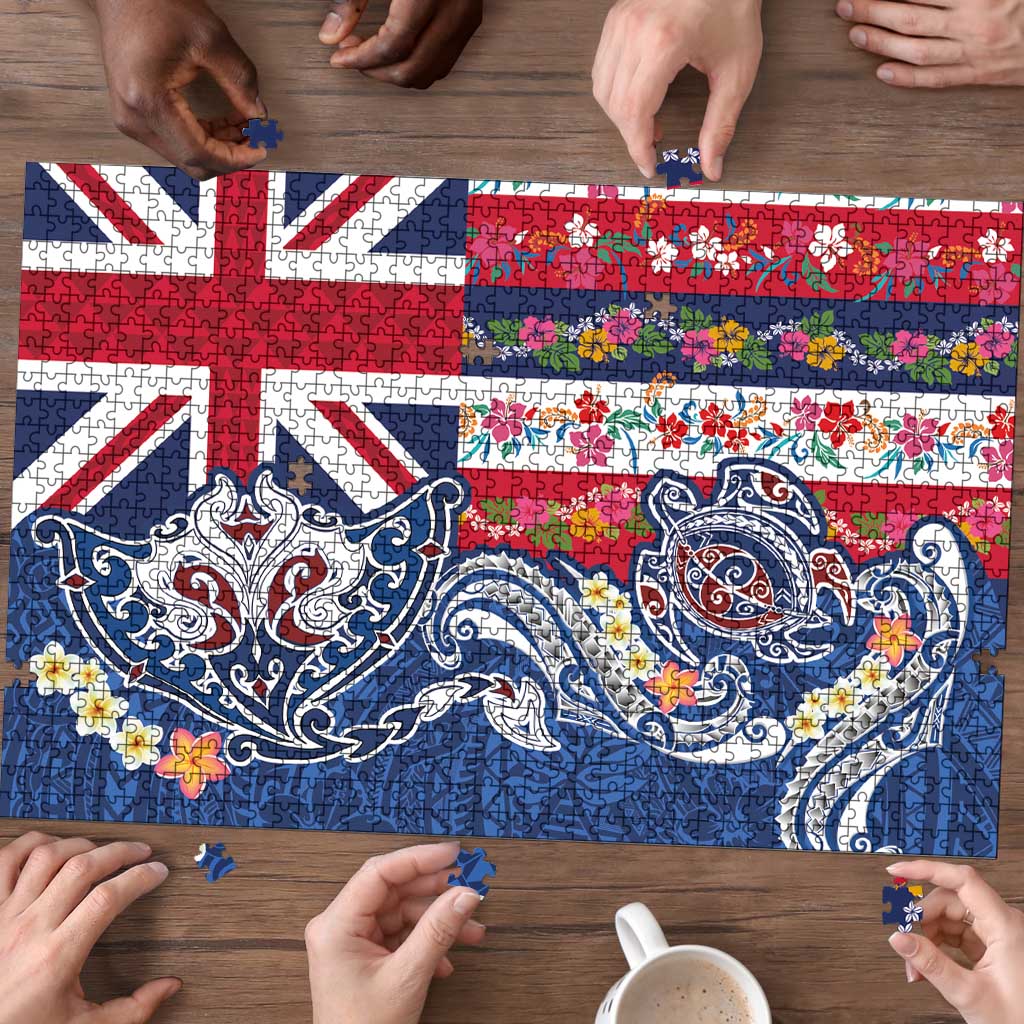 Hawaiian Manta Ray and Turtle Tribal Tattoo Puzzle With Hawaii Flag and Flowers