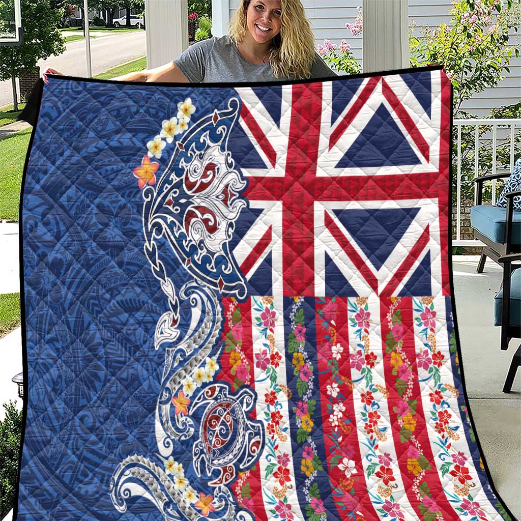 Hawaiian Manta Ray and Turtle Tribal Tattoo Quilt With Hawaii Flag and Flowers