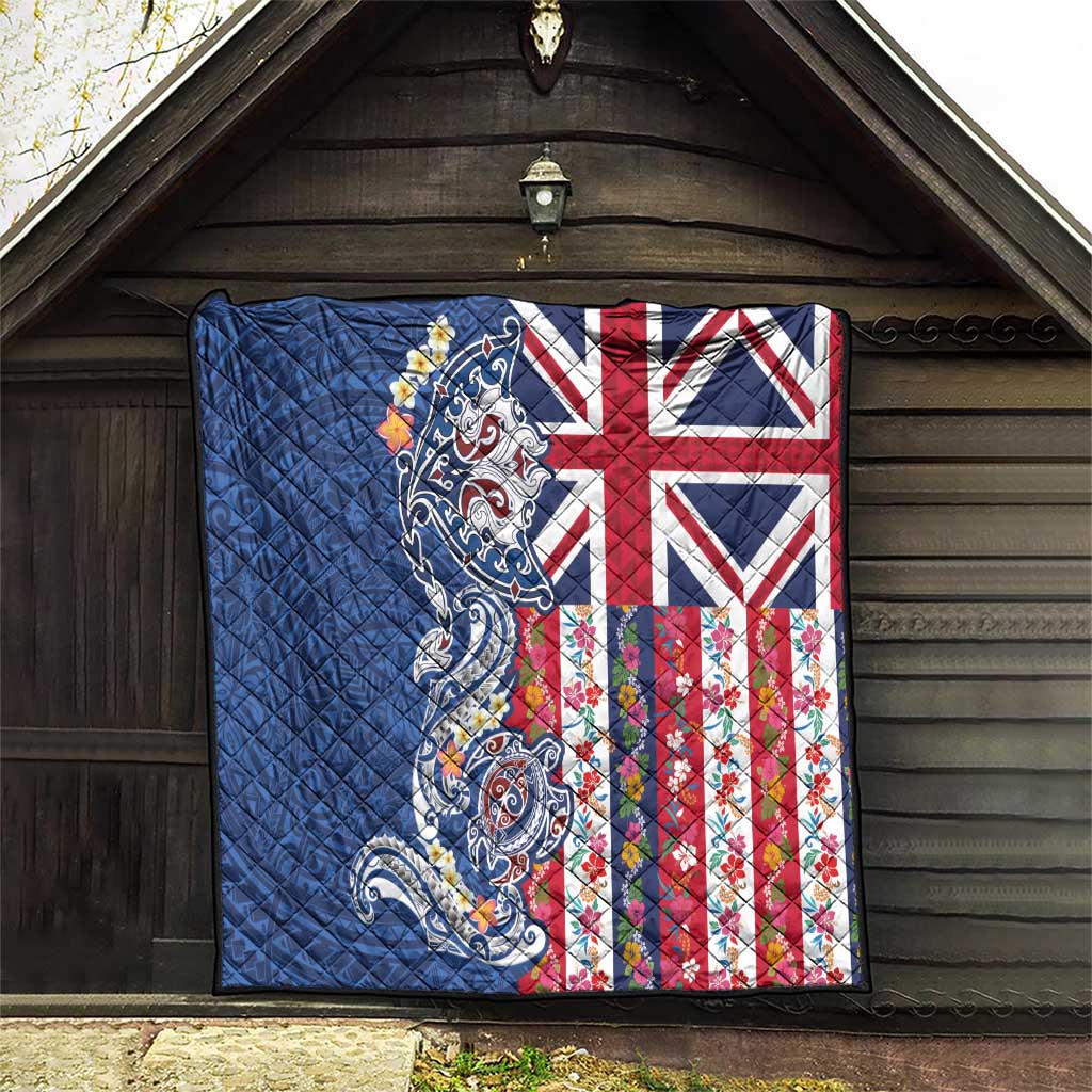 Hawaiian Manta Ray and Turtle Tribal Tattoo Quilt With Hawaii Flag and Flowers