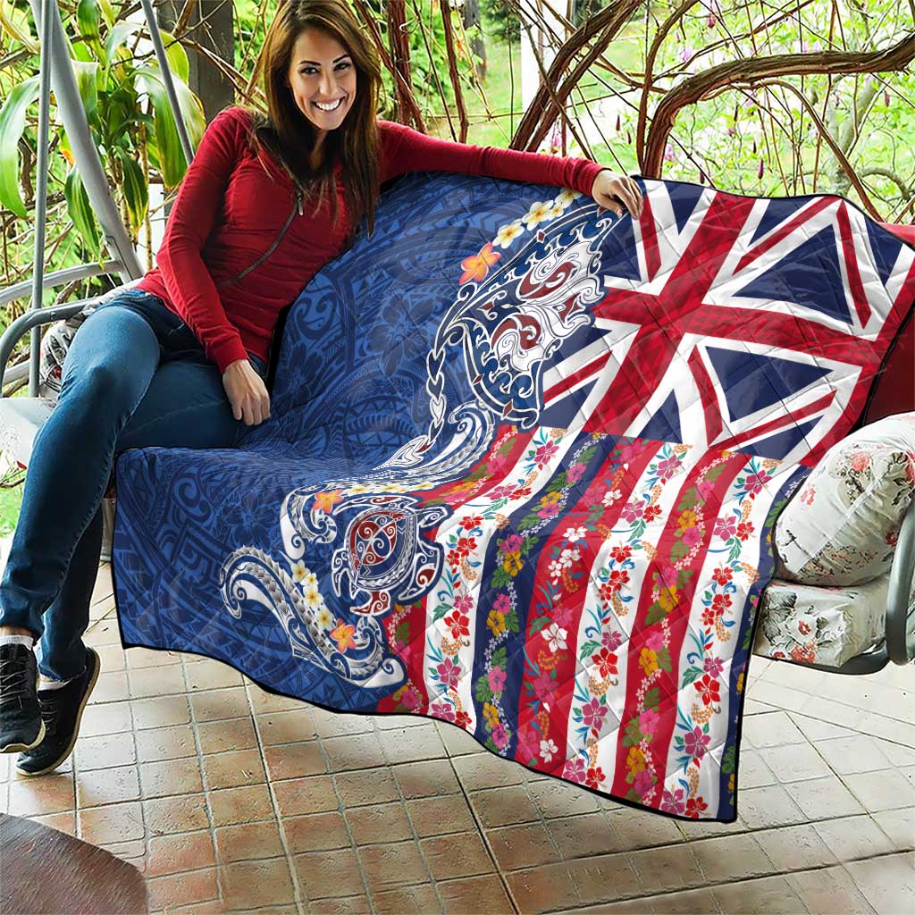 Hawaiian Manta Ray and Turtle Tribal Tattoo Quilt With Hawaii Flag and Flowers