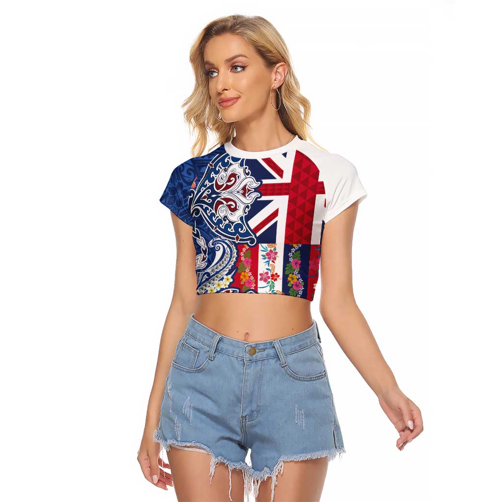 Hawaiian Manta Ray and Turtle Tribal Tattoo Raglan Cropped T Shirt With Hawaii Flag and Flowers LT03 Female Multicolor - Polynesian Pride