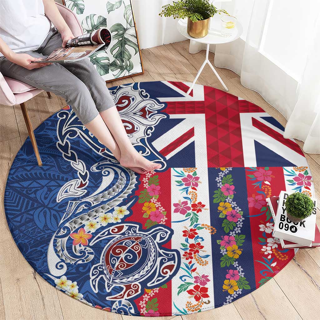 Hawaiian Manta Ray and Turtle Tribal Tattoo Round Carpet With Hawaii Flag and Flowers