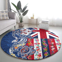 Hawaiian Manta Ray and Turtle Tribal Tattoo Round Carpet With Hawaii Flag and Flowers