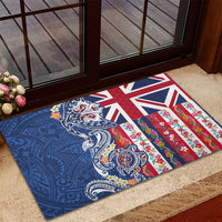 Hawaiian Manta Ray and Turtle Tribal Tattoo Rubber Doormat With Hawaii Flag and Flowers