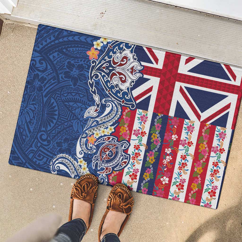Hawaiian Manta Ray and Turtle Tribal Tattoo Rubber Doormat With Hawaii Flag and Flowers
