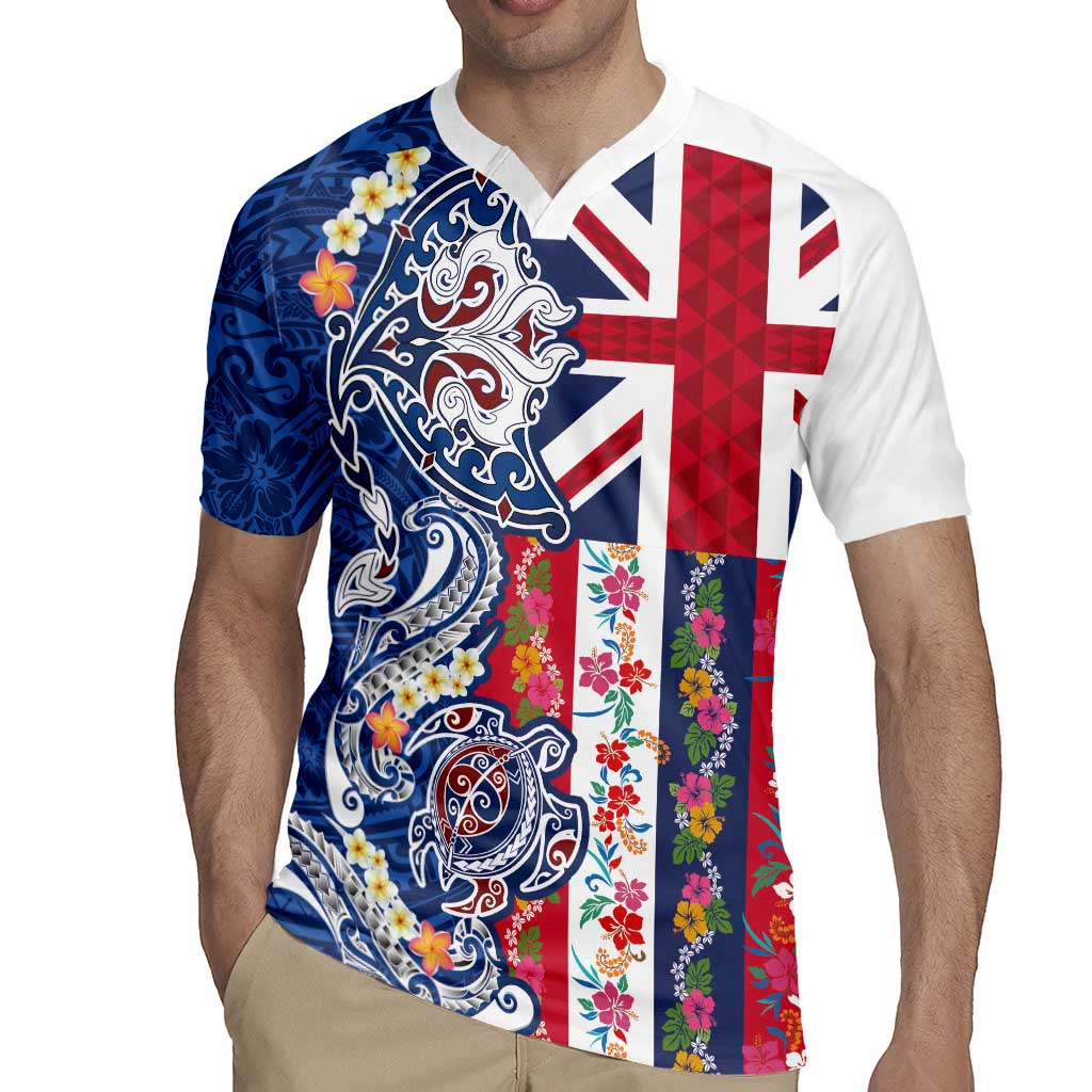 Hawaiian Manta Ray and Turtle Tribal Tattoo Rugby Jersey With Hawaii Flag and Flowers LT03 - Polynesian Pride
