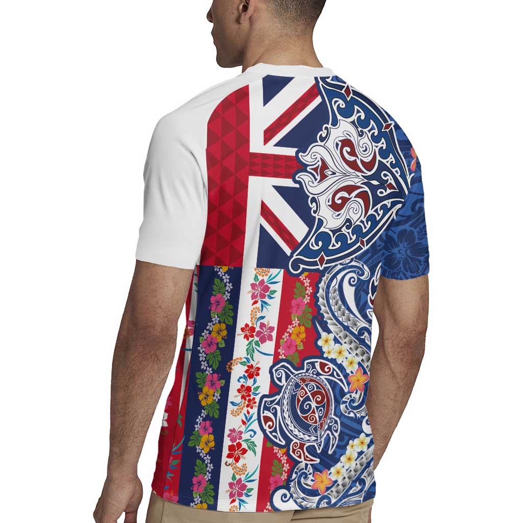 Hawaiian Manta Ray and Turtle Tribal Tattoo Rugby Jersey With Hawaii Flag and Flowers LT03 - Polynesian Pride